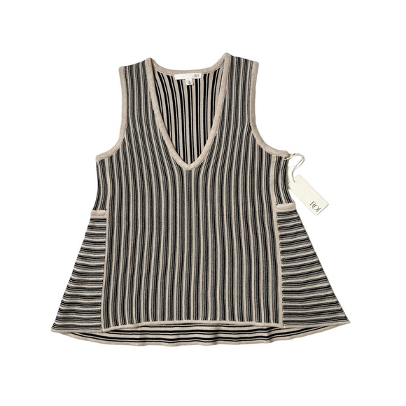 ROI Ecru/Black Striped Design V-Neck Knit Sweater Top Tank Sz S Women - Picture 1 of 8